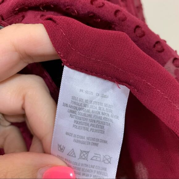 Anthropologie Meadow Rue Silk Burgundy Swiss Dot Tie Neck Blouse - Picture 6 of 9